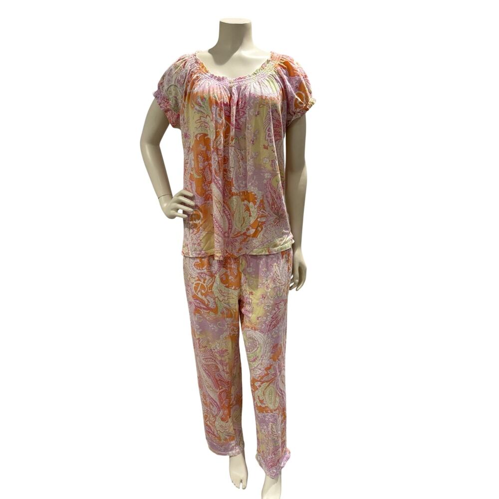 Ralph Lauren Pink Orange Paisley Shirt & Pant Sleep Set Womens Large Pajama Set